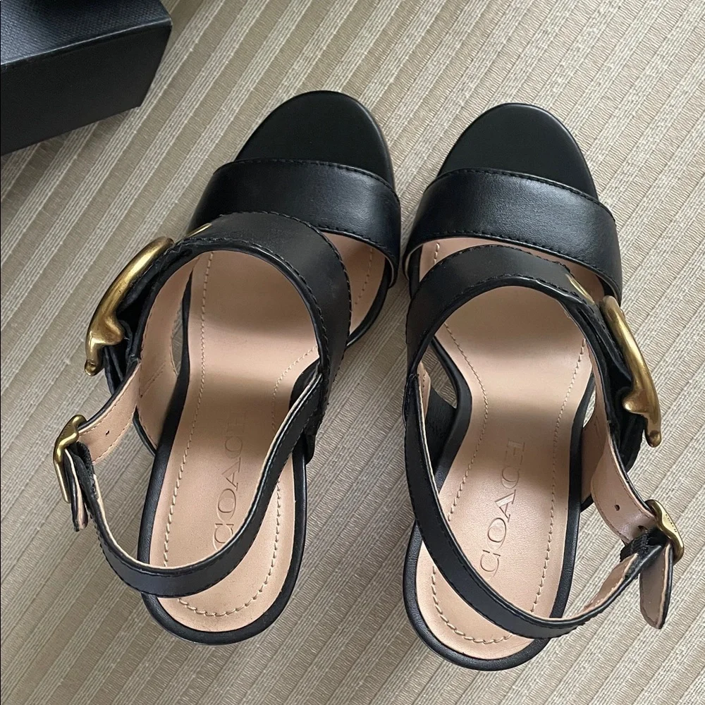 COACH Black Leather Sandal Gold Buckle Robin